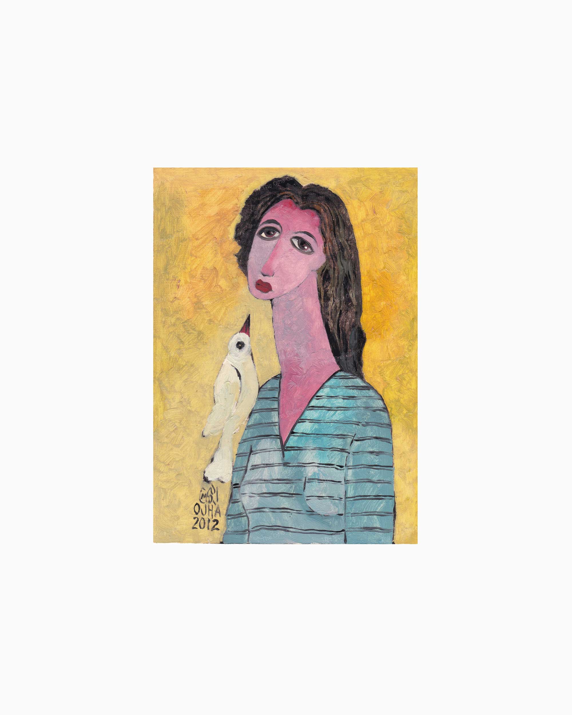 Original White Bird Companion painting by Ratnakar Ojha of a woman with dark hair, a pink face, and a blue-green striped top, holding a white bird against a textured yellow background.