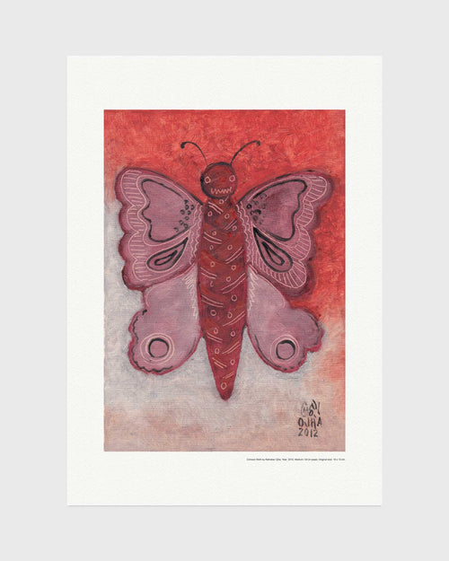 Garden Moth fine art print by Ratnakar Ojha featuring a stylized pink and red butterfly on a textured red and beige background, presented with a wide white border.